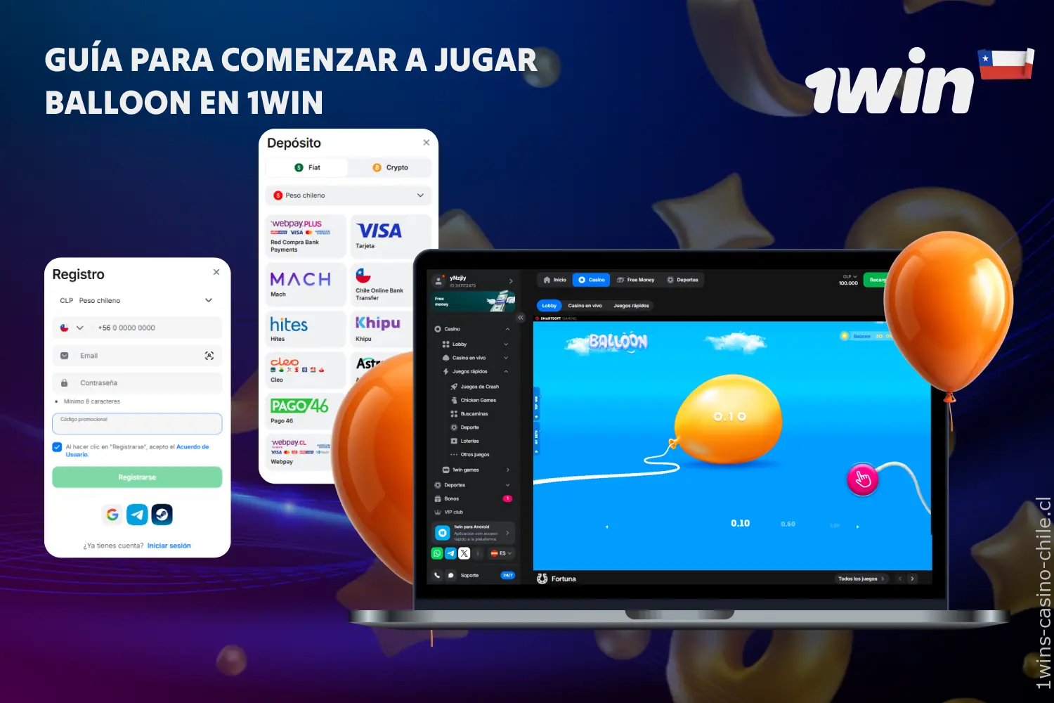 Sigue algunos pasos básicos para iniciar en Balloon de 1win y disfrutar del juego al momento
